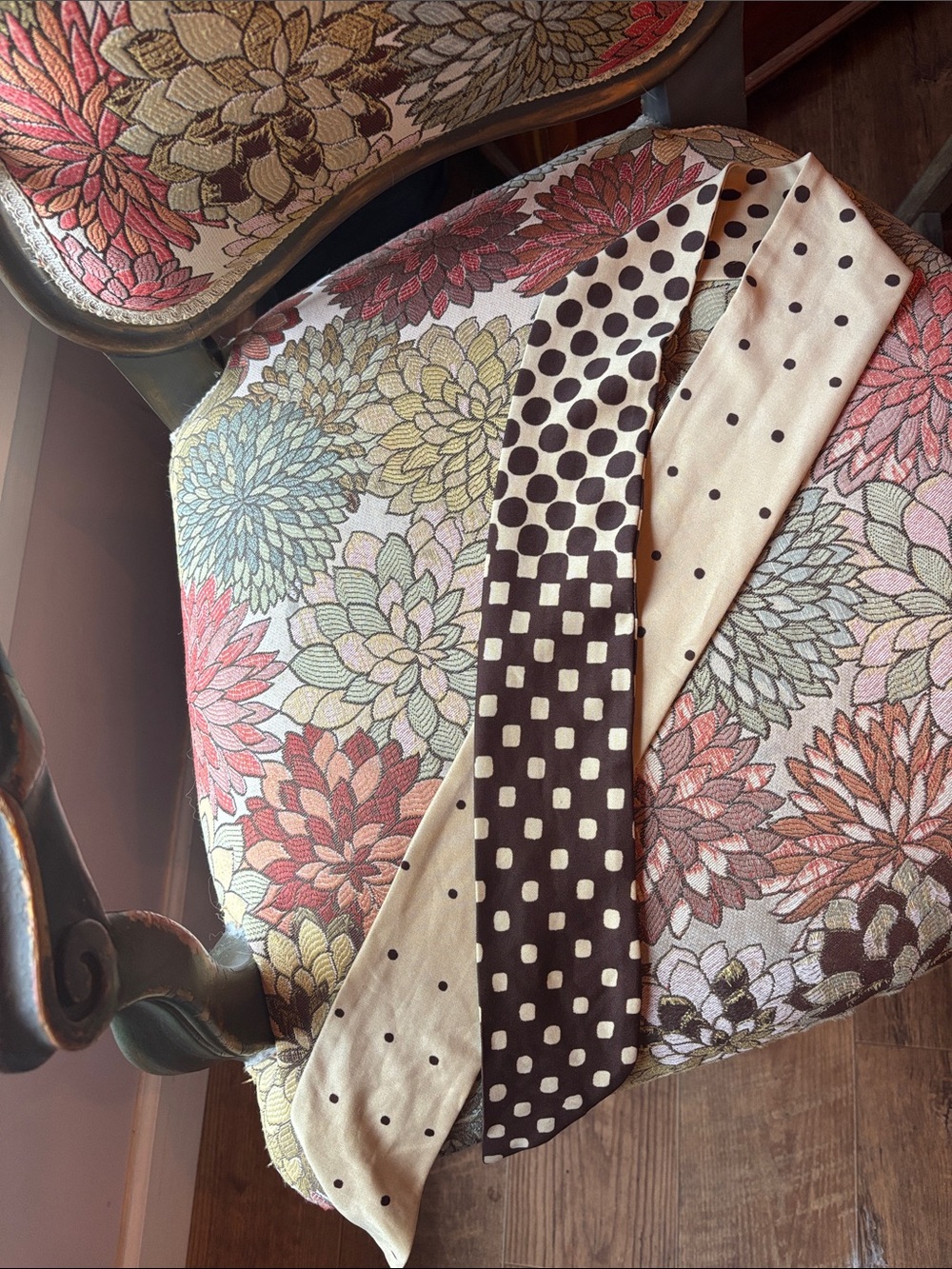 Polka Dot and Checker Accent Scarf - brown & Cream